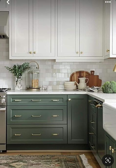 Green Kitchen Peninsula, Upper And Lower Kitchen Cabinet Colors, Green And White Kitchen Cabinets Modern, Pale Green Cabinets Kitchen, Small Kitchen Green Cabinets, Two Toned Green Kitchen Cabinets, White Cabinets Green Backsplash, Two Tone Green Kitchen Cabinets, Two Tone Kitchen Cabinets Green