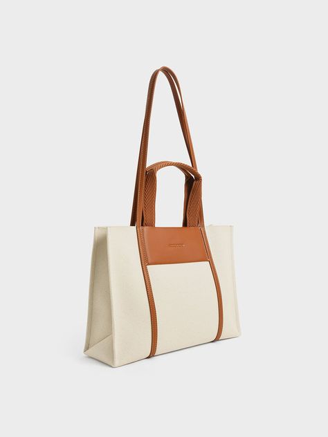 Cognac Shalia Canvas Tote Bag - CHARLES & KEITH International Charles And Keith, Slouchy Tote, Faux Leather Heels, Charles Keith, Shopper Bag, Everyday Bag, Black Tote Bag, How To Look Classy, Canvas Tote Bag