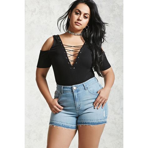 Forever21 Plus Size High-Rise Denim Shorts ($25) ❤ liked on Polyvore featuring shorts, medium denim, distressed denim shorts, high-waisted denim shorts, ripped jean shorts, high waisted shorts and distressed high waisted shorts High Waisted Ripped Shorts, Distressed High Waisted Shorts, Modeling Agencies, Female Pose, Natural Models, Flattering Outfits, Trendy Plus Size Fashion, Fashion Goals, Destroyed Denim