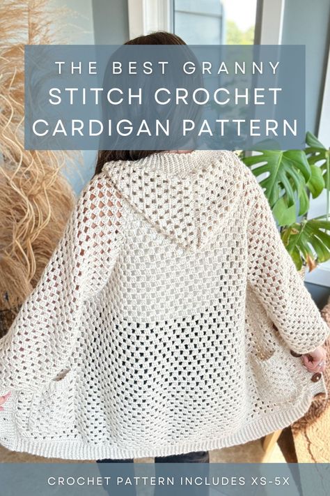 This pattern uses a simple granny stitch cluster pattern featuring double crochet stitches and ch-1 spaces. The result is a beautiful and textured cardigan that you can wear on many occasions. It is beginner-friendly and includes sizes from XS-5X, allowing you to tailor it to your preferences and style. Hooded Crochet Cardigan, Crochet Cardigan Free, Outfit Hiking, Granny Stitch, Crochet Cardigan Pattern Free, Hiking Tattoo, Gilet Crochet, Crochet Shrug Pattern, Crochet Sweater Pattern Free