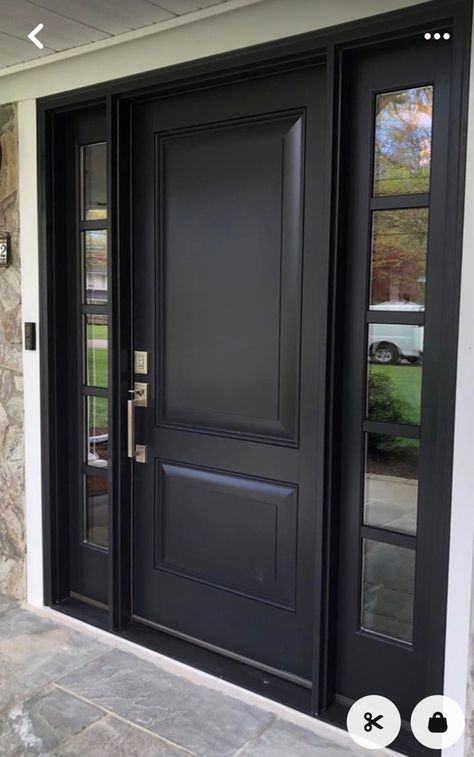 Black Front Door With White Sidelights, Large Black Front Door, Modern Black Front Door, Black Doors With White Trim, Black Front Door With Sidelights, Accordian Door, Exterior Doors With Sidelights, Front Door Exterior, Entry Door With Sidelights