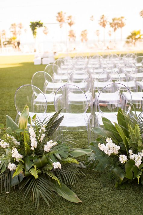 Acrylic Chairs, Wedding Ceremony Decorations Outdoor, Tropical Wedding Theme, Modern Wedding Ceremony, Tropical Wedding Decor, Tropical Wedding Inspiration, Wedding Ceremony Decor, Tropical Wedding Flowers, Wedding Aisle Decorations