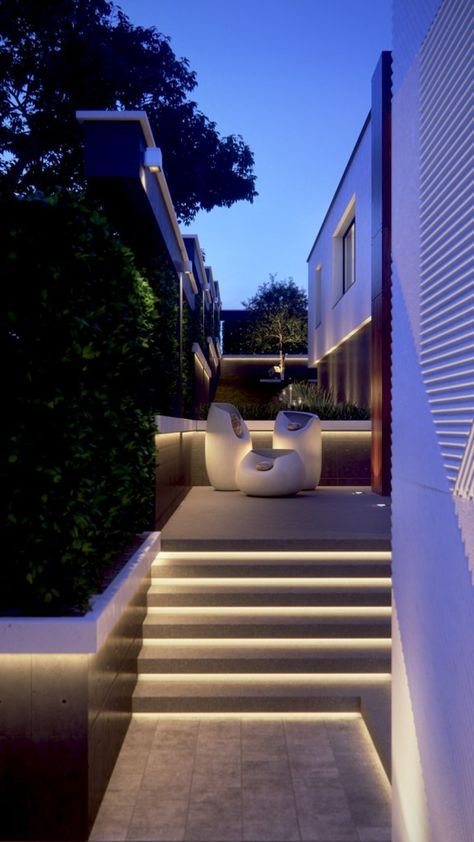 Terrace Lighting, Stairs Lighting, Landscape Stairs, Outdoor Stair Lighting, Cottage Lighting, Escalier Design, Design Architect, Cottage Inspiration, Outdoor Landscape Lighting