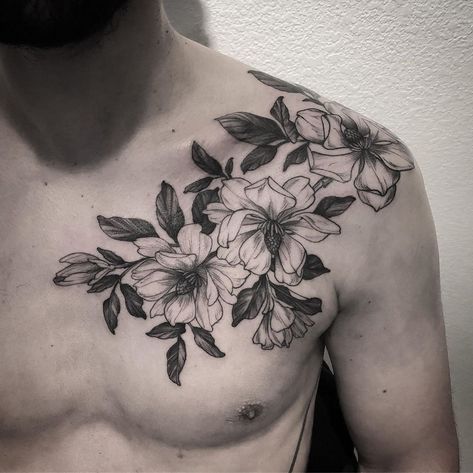 Floral Tattoo Background, Chest To Back Tattoo Men, Magnolia Neck Tattoo, Flower Shoulder Tattoo Men, Magnolia Tattoo Men, Magnolia Chest Tattoo, Mens Floral Chest Tattoo, Men Plant Tattoo, Floral Tattoos Men