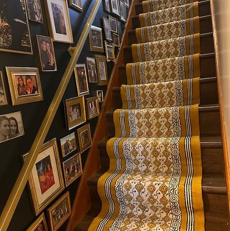 Persian Rug Stair Runner, Yellow Stair Runner, Patterned Stair Runner, Staircase Runner Carpet, Stair Runner With Rods, Stair Runners Ideas, Rug Runner Stairs, Carpet Runner On Stairs, Runner On Stairs