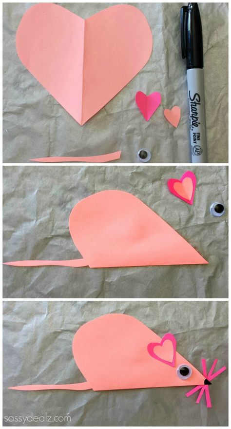 Folded Valentine Heart Mouse Craft For Kids #Valentines day craft #Valentine art project #Hearts #heartcrafts #heartshapedcrafts #foldedheartcrafts #mousecrafts #valentinesday #valentinesdaycrafts #kidcrafts #craftymorning Paper Mouse, Mouse Craft, Folded Heart, Oppgaver For Barn, Saint Valentin Diy, Valentines Bricolage, Heart Kids, February Crafts, Mouse Crafts