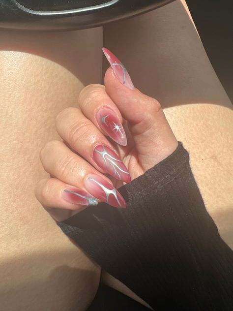 Red Nails Acrylic Chrome, Aura Nails With Chrome Design, Chrome Blush Nails, Red Aura Nails With Chrome, Red And Silver Chrome Nails, Maroon Aura Nails, Metallic Nails Acrylic, Red And Chrome Nails, Red Airbrush Nails