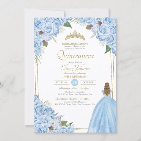 Light Blue Quinceanera Elegant Dress Rose Floral Invitation Cinderella Quinceanera, Rose Gold Princess, Cinderella Blue, Quince Invitations, Quinceanera Invitation, Color Celeste, Quinceanera Invitations, Royal Princess, 15th Birthday