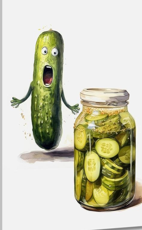 Pickle Poster, Pickle Picture, Artwork For Kitchen, Wall Decor For Kitchen, Eclectic Wall Decor, Vegetable Painting, 1 April, Watercolor Greeting Cards, Cat Air