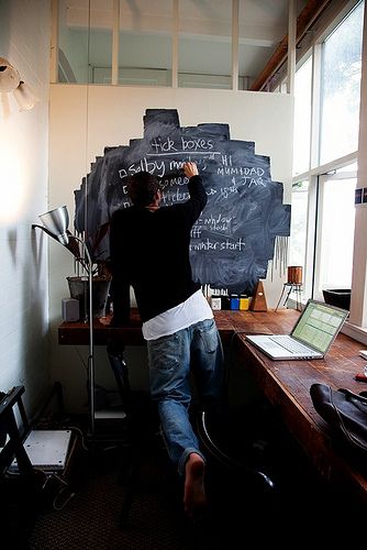 Fun chalkboard paint wall in an office, via Flickr. Black Board Wall, Backboards For Beds, Blackboard Paint, Funky Kitchen, Blackboard Wall, Counter Desk, Black Board, Board Wall, Chalkboard Wall