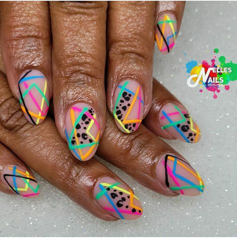 Cool Funky Nails, Different Color Nails Acrylic, 80s Nails Designs, Old School Nail Designs, 80s Inspired Nails, 80’s Nails, 80s Nail Art, Nails Trendy 2023, 70s Nail Designs