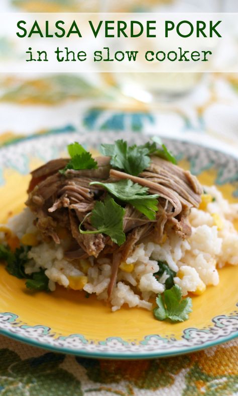 Make this salsa verde pork in the slow cooker - delicious over rice, or use it as a filling for tacos, burritos, and more! #slowcooker #crockpot Salsa Verde Pork, Slow Cooker Pork Carnitas, Pork Carnitas Recipe, Pork Carnitas Slow Cooker, Cilantro Rice, Pork Carnitas, Gluten Free Recipes For Dinner, Easy Comfort Food, Gluten Free Dairy Free Recipes