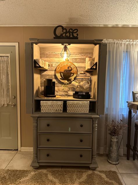 Armoire Coffee Bar, Repurposed Hutch, Cabinet Coffee Bar, Coffee Corners, Armoire Makeover, Coffee Bar Ideas, Tv Armoire, Coffee Bar Design, Small Dresser