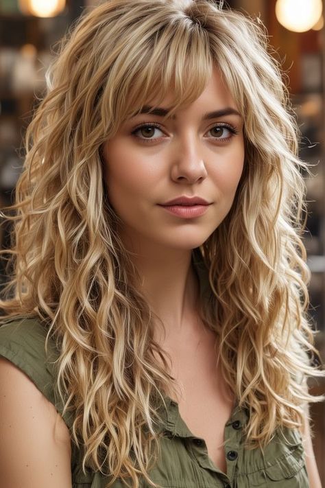 Transform your style with versatile long haircuts featuring bangs. Long Permed Hair With Bangs, Natural Wavy Hair With Bangs, Wavy Blonde Hairstyles, Long Curly Hair With Fringe, Perm With Bangs, Curly Hair Fringe, Long Hair Perm, Blonde Layered Hair, Haircuts For Long Hair With Layers