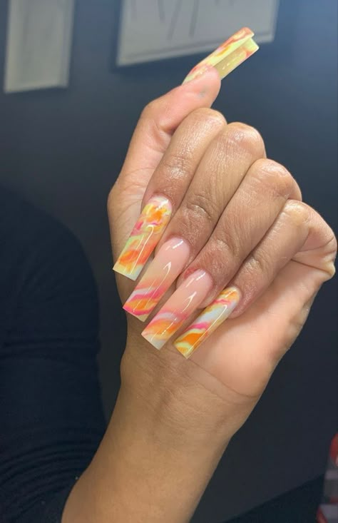 Marble Ombre Nails Acrylic Long, Summer Marble Nails Acrylic, Multi Color Marble Nails, Multicolor Marble Nails, Marble Nails Rainbow, Baddie Marble Nails, Rainbow Marble Nails Acrylic, Yellow Marble Nails Acrylic, Ombre Marble Acrylic Nails