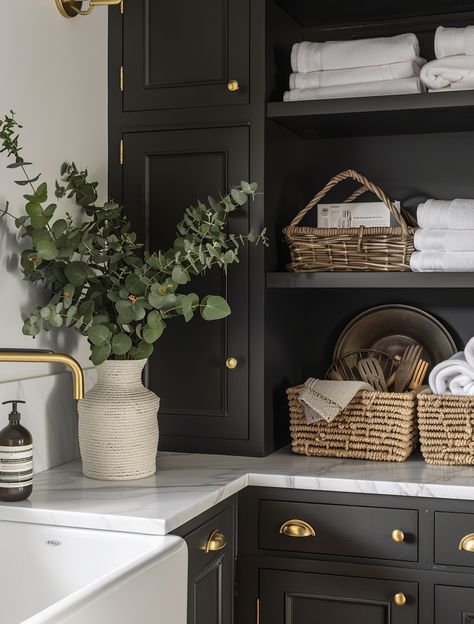 Laundryroom Painted Cabinets, Laundry Room Styling Ideas, Laundry Room With Fridge Ideas, Black Washer Dryer Laundry Room, Laundry Room Ideas Moody, Black And Gold Laundry Room, Laundry Room Moody, Side By Side Laundry Room Ideas, Laundry Room Black Cabinets