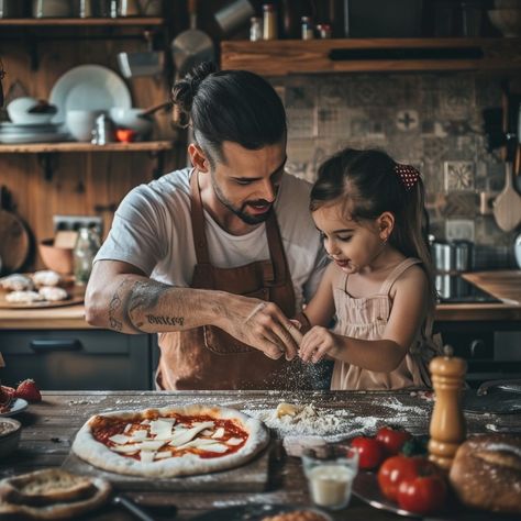 Family Pizza Making: A father and his young daughter enjoy a bonding moment while preparing a homemade pizza. #father #daughter #cooking #pizza #kitchen #aiart #aiphoto #stockcake ⬇️ Download and 📝 Prompt 👉 https://ayr.app/l/68ax Family Cooking Together, Mommy Daughter Dates, Pizza Making, Pizza Kitchen, Cooking Pizza, Mommy Daughter, Family Cooking, Baking With Kids, Cooking Together