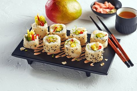 Mango Sushi Roll Recipe courtesy of Brandon Cook Mango Sushi, Sushi Roll Recipes, Sushi Roll, Roll Recipe, Sushi Rolls, Rolls Recipe, Mango, Rolls