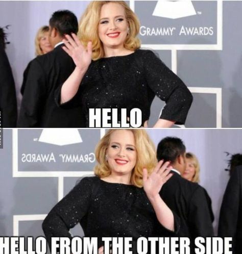 Adele Hello meme hello from the other side lmao funny Adele Meme, Hello Adele, Corny Jokes, Some Jokes, Funny Posters, Fresh Memes, Funny Pranks, Funny People, Bones Funny