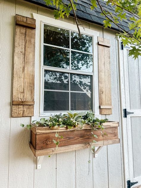 She Shed DIY Flower Boxes - Itty Bitty Farmhouse Window Garden Boxes, Shed With Flower Boxes, Window Boxes On Mobile Home, Shed Window Box Ideas, Diy Window Flower Boxes, Rustic Window Boxes, Shed Window Boxes, Flower Boxes Window, Window Box Diy