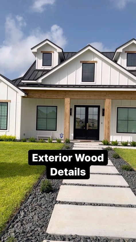 White Exterior Wood Accents, Exterior Wood Beam Stain Colors, White Siding Wood Accents, White Home With Cedar Accents, Wood Trim Over Exterior Window, White House Wood Beams Exterior, Cedar Beams Exterior, Wood Beam Exterior Home, Wood Shutter Stain Colors