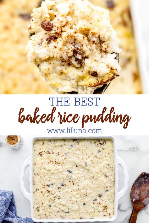 Old fashioned Baked Rice Pudding is studded with raisins for a warm and cozy classic dessert. It's easy and delicious! #bakedricepudding #ricepudding #dessert #bakedpudding Baked Rice Pudding Recipes Oven, Old Fashioned Rice Pudding Recipe Baked, Baked Rice Pudding With Cooked Rice, Custard Rice Pudding Baked, Baked Rice Pudding Oven, Rice Pudding Recipe Baked, Old Fashioned Baked Rice Pudding, Sweet Rice Pudding Recipe, Rice Pudding With Raisins