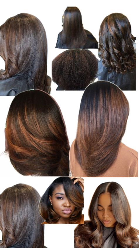 Dark brown hair with copper and/or brown highlights/ balayage Copper Brown Hair Balayage, Dark Brown Hair With Copper, Natural Hair With Highlights, Copper Brown Hair With Highlights, Dark Copper Brown Hair, Brown Hair With Copper, Dark Copper Brown, Copper Brown Hair, Highlights Balayage