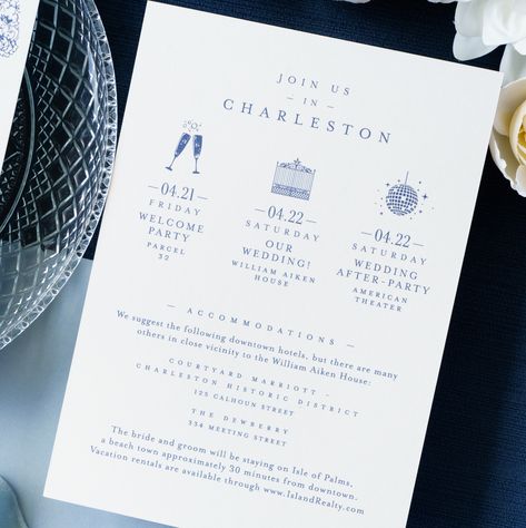 Sketched icons and indigo blue set the tone perfectly for a fun-filled weekend! 🪩 . #weddingstationery #customstationery #charlestonstationery #chs #studiordesign #charlestonwedding #charlestonbride #lowcountrywedding #engaged2023 #engaged #weddingpaper #stationery #weddinginvitations #invitations #graphicdesigners #southernwedding #weddingideas #southerncharm #dreamwedding #brides #personalizedstationery #savethedate #savethedateideas #saveourdate #savetheweekend Save The Weekend Invitations, Wedding Weekend Save The Date, Montauk Wedding Invitations, Coastal Save The Date, Coastal Invitation Wedding, Charleston Save The Date, Cape Cod Save The Date, Charleston Historic District, Charleston Bride