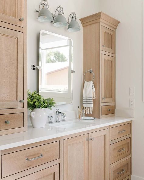 white oak, white oak cabinets, simple bathroom, farmhouse bathroom, modern bathroom, elegant bathroom, wood cabinets, wood bathroom, silver handles, square mirror, bathroom organization, bathroom inspo, bathroom design, Oak Bathroom Vanity, Oak Bathroom, Primary Bath, Bathroom Design Trends, Bedrooms Decor, Master Bath Remodel, Bathroom Remodel Designs, Bathroom Trends, Upstairs Bathrooms