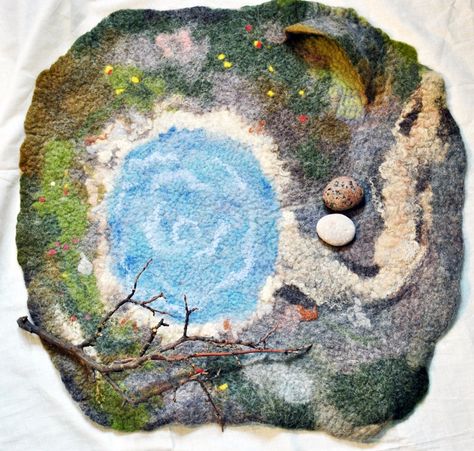 Waldorf Felt Play Mat With Pond Playmat Wet Felted Playscape | Etsy Waldorf Autumn, Table Landscape, Landscape Rug, Felt Accessories, Felt Play Mat, Felt Crown, Play Rug, Trees Christmas, Nature Table