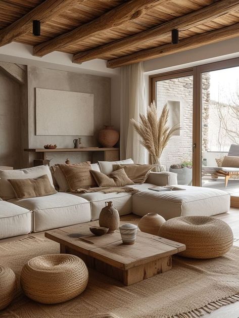 Living Room With Beige Sofa, Pillows For Beige Couch, Warm Neutral Living Room, Neutral Coastal Living Room, Beige Couch Living Room, Boho Couch, Warm Minimalism, Beige Couch, Japandi Living Room