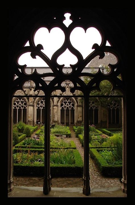 formal garden courtyard | View of formal garden courtyard Window With A View, Mansion Homes, Gothic Windows, Gothic Garden, Formal Garden, The Cloisters, Formal Gardens, Gothic Architecture, Open Window