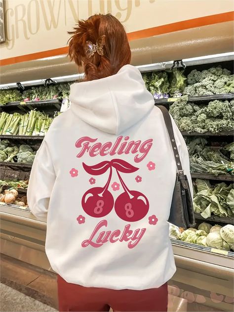 Women's Cherry & Feeling Lucky Print Hoodie, Casual Pocket, Long Sleeve, Drawstring Hoodies, Girly Hoodie, Vsco Hoodie, Sport Shirts, Feeling Lucky, Sleeveless Outfit, Y2k Hoodie, Cherry Print, Comfy Hoodies, Women Hoodies Sweatshirts