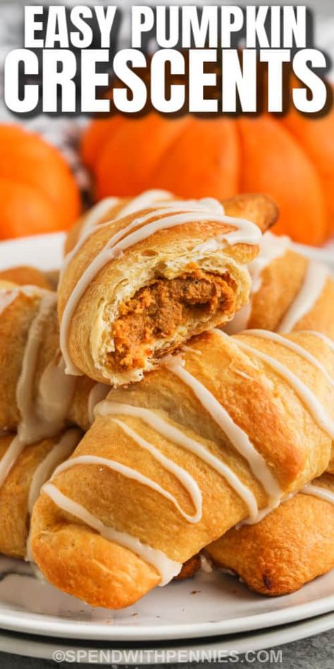 This pumpkin pie crescents recipe is so easy to make. Use a can of Pillsbury dough for the crust and fill it with pumpkin puree and pumpkin spice. So warm and delicious from the oven, these pumpkin pie crescents are the best dessert or snack! A warm filling of pumpkin puree, flaky dough, and a drizzle of white frosting; these will be devoured in no time! A perfect snack or dessert for the fall, or any time! #pumpkinpiecrescents #pumpkinpie #recipe #dessert Couscous Ideas, Fall Deserts, Pillsbury Dough, Crescent Recipes, Spiced Drinks, Pillsbury Recipes, The Best Dessert, Pumpkin Recipe, Fall Snacks