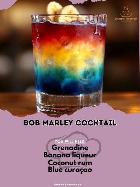 Bring the island vibes to your party with the colorful Bob Marley cocktail! 🌴 A tropical explosion in every sip! #IslandVibes #TropicalCocktail Bob Marley Cocktail Ingredients: Grenadine (1/2 oz) Banana liqueur (1/2 oz) Coconut rum (1/2 oz) Blue curaçao (1/2 oz) Ice cubes (as needed) Instructions: Pour grenadine into the bottom of the glass. Mix banana liqueur and coconut rum, then layer it on top of the grenadine. Gently layer blue curaçao on top for a rainbow effect. 🌴🍹 Bright, tropical... Bob Marley Drink Recipe, Bob Marley Drink, Beachy Drinks, Autumn Beverages, Colorful Bob, Banana Liqueur, Mix Drinks, Colorful Drinks, Cocktail Ingredients