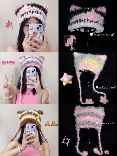 Crochet Y2k Accessories, Crochet Fuzzy Hat, Fuzzy Hat, Crochet Beach Bags, Diy Crochet Bag, Crochet Hat For Women, Crochet Fairy, Crochet Idea, Crochet Cap