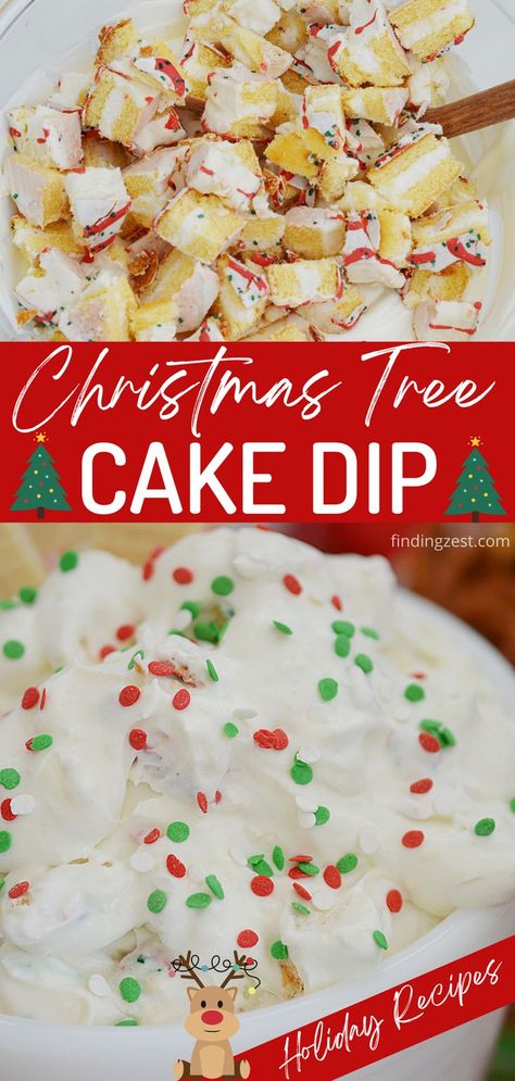 Little Debbie tree cakes cut in a bowl with a wooden spoon. A close up of fluffy white dessert dip with red, green and white sprinkles in a white bowl. Christmas Tree Cake Dip, Tree Cake Dip, Cake Dip Recipe, Debbie Cakes, Little Debbie Christmas Tree Cakes, Easy Dessert Dips, Holiday Dips, Little Debbie Christmas Tree, Christmas Dip