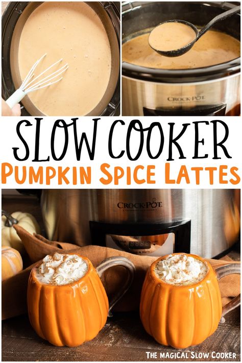 Make Pumpkin Spice Lattes for a crowd! These slow cooker pumpkin spice lattes are perfected sweetened and spiced. Great for any fall or winter party. #pumpkinspice #psl #crockpot #fall Slow Cooker Pumpkin Pie, Pumpkin Crockpot, Pumpkin Spice Latte Recipe, Homemade Pumpkin Spice Latte, The Magical Slow Cooker, Pumpkin Spiced Latte Recipe, Winter Drink, Slow Cooker Pumpkin, Homemade Pumpkin Spice