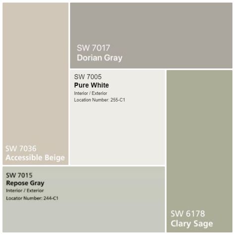 This palette is warm and cozy. With grays, beiges, and a beautiful sage this palette is sure to suit any home. With creamy tones these colors will soothe in any room. All paints can be purchased fr… Sage Grey Beige Bedroom, Sage And Grey Palette, Sage Charcoal Palette, Grey And Sage Color Palettes, Grey Beige And Green Bedroom, Color Palette For Your Home, Green Grey Beige Palette, Gray Beige Green Color Palette, Sage And Gray Color Palette