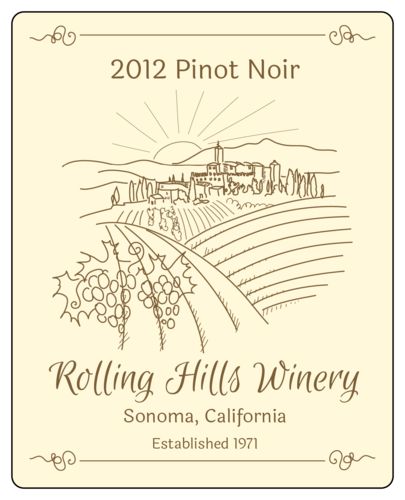 Top off your hand-crafted wines with this printable label template. Design features a pale yellow background with an illustration of a winery on rolling hills. Customize with your vineyard's name, the type of wine, date, and more. Christmas Wine Party, Free Wine Label Template, Free Printable Wine Labels, Tickets Stickers, Labels For Candles, Wine Bottle Label Template, Free Microsoft Word, Labels Printables Free Templates, Wine Bottle Label Design