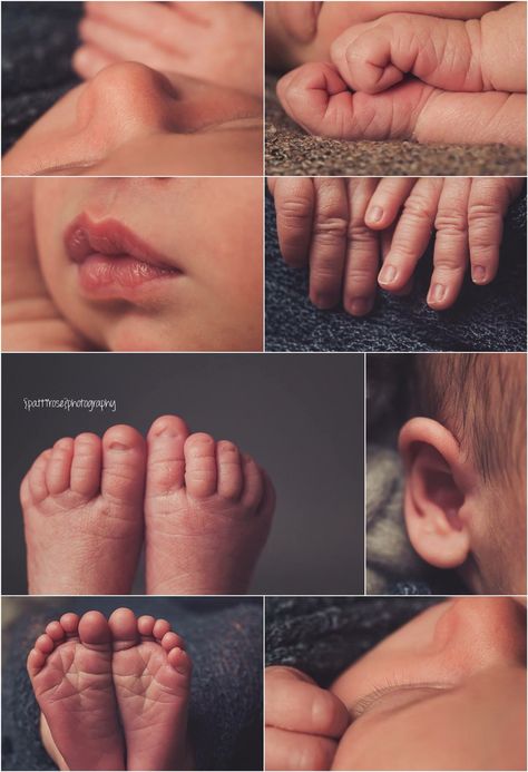 Newborn Baby Photos Idea, Diy Infant Photography, Newborn Pics Without Showing Face, Newborn Photos To Take, Infant Detail Photos, Photo Shoot For Newborn, Baby Features Photography, Newborn Photography Must Haves, Newborn Photoshoot For Baby Boy