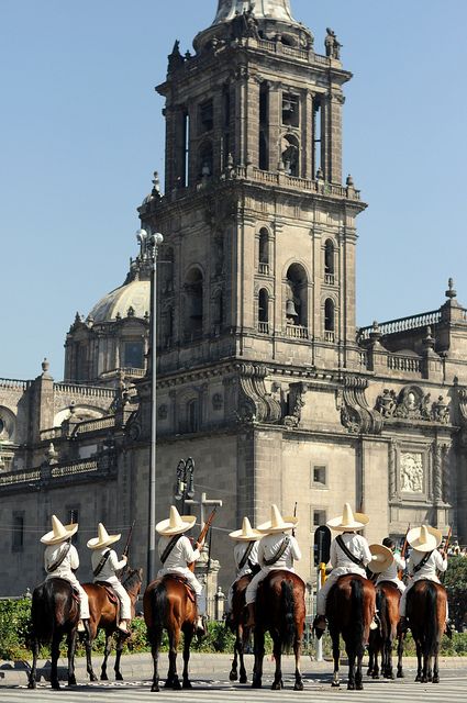 Readying for the parade in celebration of Mexico's anniversary of the Mexican Revolution at Zocalo Square and the Metropolitan Cathedral of Mexico City, Mexico.  Once Upon a Time in Mexico by Oliver Davis Mexico City Cathedral, Beautiful Mexico, Mexican Revolution, Mexico Style, South Of The Border, México City, Mexican Culture, Famous Places, Place Of Worship