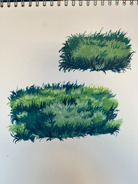 Grass Gouache Painting, Ghibli Grass Tutorial, Gouache Grass Painting, How To Paint Grass Gouache, Studio Ghibli Plants, Ghibli Plants, Grass Gouache, Guache Ideas, Ghibli Gouache Painting