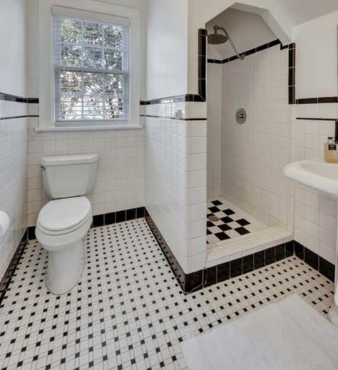 1950s Tile Bathroom, 1920s Bathroom Original Vintage, 1930 Bathroom Ideas, Black And White Tile Bathroom Vintage, 1920s Bathroom Original, 1930 Bathroom, Victorian Bathroom Ideas, Subway Bathroom, Shower Redo