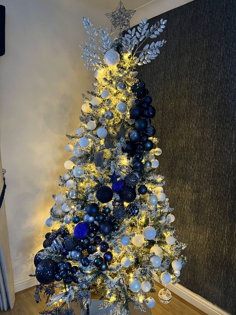 Christmas Tree Decor Ideas Blue Silver, Winterwonder Land Christmas Tree, Xmas Tree Blue And Silver, Royal Blue And Silver Christmas Tree, Blue Christmas Trees Ideas, Blue Tree Decorating Ideas, Blue White Silver Christmas Tree, Christmas Tree Themes Colors 2024, Blue Ornaments Christmas Tree