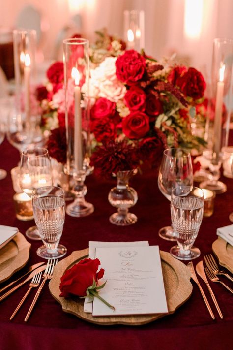 Red Roses Wedding Table Decor, Burgundy And Pink Table Setting, Dark Red Roses Wedding, Red Rose Centerpiece, Red Wedding Theme Romantic, Red Rose Centerpiece Wedding, Red Roses Centerpieces, Opulent Wedding, Red Wedding Theme