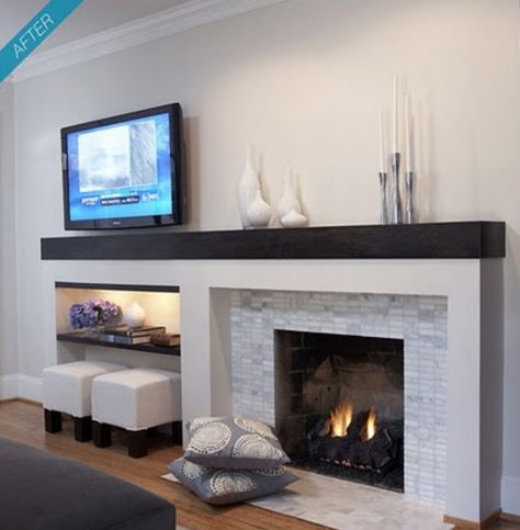 Remodelaholic | Decorating Around an Off-Center Non-Functional Fireplace Asymmetrical Fireplaces, Off Center Fireplace, Center Fireplace, Tv Mounted, Outdoor Fireplace Designs, Fireplace Tv Wall, Small Fireplace, Flat Screen Tv, Living Room Decor Fireplace