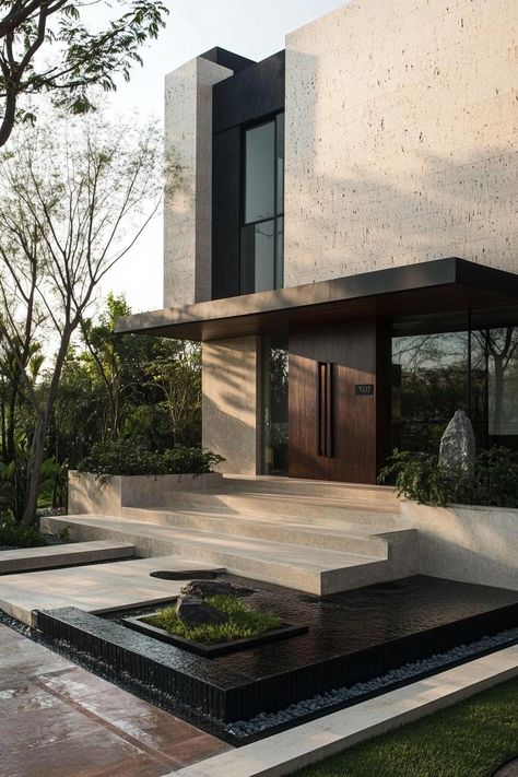 Modern Facade Design House Exteriors, Modern Home Exterior Cladding, Nature Luxury House, Home Cladding Ideas, Modern Minimalist House Facade, Modern Villa Entrance Design Exterior, Render House Exterior, Modern Cantilever House, Brutalist Home Exterior