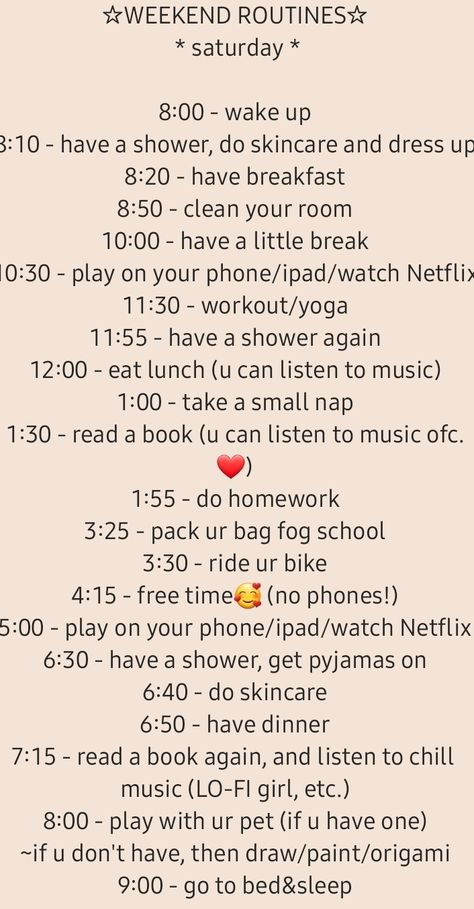 School Day Routine Daily Schedules, Morning Routine Teenage Girl Weekend, Day Routine Weekend, Weekends Routine, How To Have A Productive Day, Productive Weekend Routine, Daily Routine Schedule For Women, Night Routine List, Saturday Morning Routine