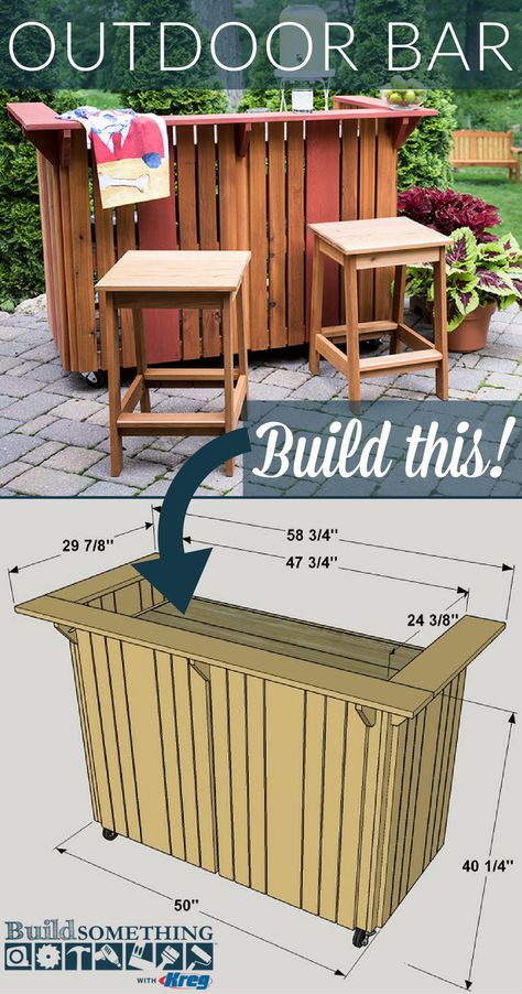 DIY Outdoor Bar | Free printable project plans at buildsomething.com | Step up your entertaining swagger with an outdoor bar that’s sure to be the hit of any backyard event. It’s made from cedar so it looks great and will last, and it has a tile top for easy cleanup. You can build one for yourself using just a few tools and by making basic cuts. Palet Bar, Outdoor Bar Plans, Bar En Plein Air, Outdoor Wood Projects, Pallet Bar Diy, Lake Ideas, Diy Outdoor Bar, Backyard Layout, Outside Bars